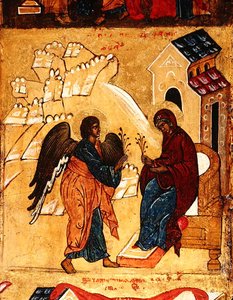Ikon som viser kunngjøringen, ca. 1550 (tempera og bladgull på panel) (detalj av 314500) av School Russian