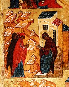 Ikon som viser jomfruen som velger de mest ærede fargene på tøyet, ca. 1550 (tempera og bladgull på panel) (detalj av 314 500) av School Russian