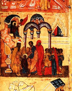 Ikon som viser Jomfruens barndom og hennes dedikasjon til Gud, ca. 1550 (tempera og bladgull på panel) (detalj av 314500) av School Russian
