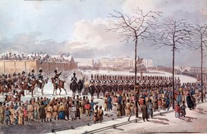 I 1825 Revolt of the Decembrists (Decabrists) i fremtiden til Nicholas I for å få en ny grunnlov. Gravering fra 1830. St. Petersburg. Eremitagebiblioteket av School Russian