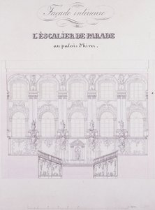 Innvendig fasade av Parade Stairs ved Vinterpalasset; Innvendig fasade på Parade-trappen ved Vinterpalasset, ca. 1838 (penn- og blekktegning på papir) av School Russian