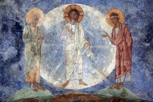 La transfiguration de Christ- The Transfiguration of Jesus - Gamle russiske fresker - 1100-tallet - Fresco - Mirozhsky Monastery, Pskov av School Russian
