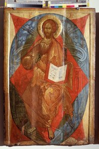 Kristus i Majestet, Verdens Frelser (Kristus i Majestet, Verdens Frelser). Jesus Kristus i majestet (i herlighet) i en mandorla som gjør tegn på velsignelse. Russisk ikon, tempera på tre, tidlig 1500-tall, kunst fra Rostov Suzdal. Staten A.Rubl av School Russian