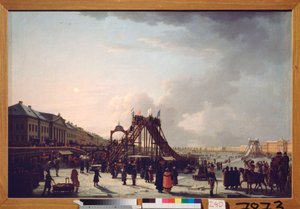 De åtte store (berg-og-dal-banen) på Neva i St. Petersburg. (Efemær sklie for vintersesongen). Maleri av en russisk mester, olje på lerret av School Russian