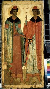 ""De hellige Boris og Gleb, sønner av Vladimir I fra Kiev"" Russisk ikon. Maleri på tre rundt 1450. Statens Tretjakovgalleri, Moskva av School Russian