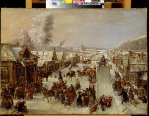 Fastelavn (fastelavn). Scene med tradisjonelle festligheter og populære gleder i en snødekt gate i en liten by med trehus. En akebakke er anlagt og innbyggerne drikker og hilser glade på hverandre. anonymt maleri, av School Russian