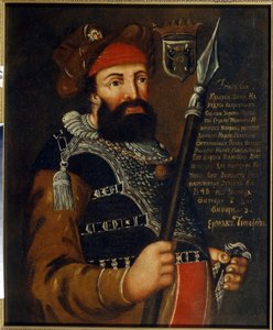 Portrett av kosakklederen, erobreren og oppdageren av Sibir, Yermak Timofeyevich (født mellom 1532 og 1542-1585) (Portrett av kosakkens leder og erobrer av Sibir, Yermak Timopheyevich). Anonymt maleri, olje på lerret av School Russian