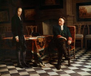 Portrett av Peter I den store (1672-1725), russisk tsar og hans sønn Alexis (1690-1718) Maleri av den russiske skolen av School Russian