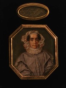 Portrett av Praskovya Mikhailovna Tolstaya (1777-1844), med en gitterlokk av håret, ca. 1844 (akvarell og gouache) av School Russian
