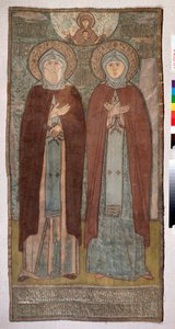 Prince Saint Peter og Saint Fevronia of Murom (Saints Peter and Fevronia of Murom) - Kirkelig broderi av en russisk mester, silke og gull- og sølvtråder på lerret