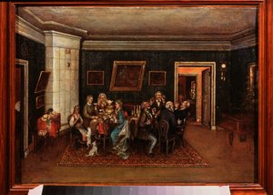 Kveldsmottak. (Scene av dagliglivet, familie og venner er samlet rundt middagsbordet). Maleri av en russisk mester, olje på lerret, midten av 1800-tallet. Statens sentrale litterære museum, Moskva. av School Russian