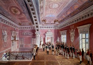 Ta opp vakten i den øvre vestibylen til Pavlosk slott i nærvær av Paul I som løfter hatten. Maleri av Schwartz (1800-tallet) Ec. Rus. av School Russian