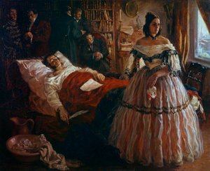 Den russiske poeten Alexander Pushkin (Pushkin) (1799-1837) på dødsleiet omgitt av sin kone Natalia Gontcharova (Goncharova), og vennene hans Anonym maleri av den russiske skolen. 1837 Eremitagemuseet St. Petersburg