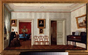 Et lite rom med piano. (Og to kvinner som ser ut av vinduet). Maleri av en russisk mester, olje på lerret, midten av 1800-tallet. Statens Tretyakov-galleri, Moskva. av School Russian