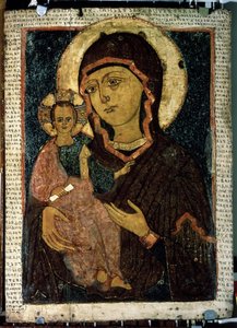 ""Jomfru Hodegetria (Hodigitria)"" Jomfru Maria og Jesusbarnet hvis glorie er merket med et kors. Russisk ikon. Maleri på tre fra slutten av 1200-tallet. Statens Tretyakov-galleri, Moskva av School Russian