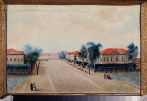 Utsikt over statskassen i Tver (Russland). Maleri av en russisk mester, olje på lerret, ca 1830. Russisk kunst av School Russian