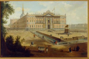 Vue du palais Michel a Saint Petersburg (Utsikt over Michael Palace i St Petersburg). Anonymt maleri, olje på lerret, ca 1800. Russisk kunst av School Russian