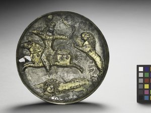 Rett: King Hormizd II eller Hormizd III jaktløver, 400-600 (forgylt sølv)