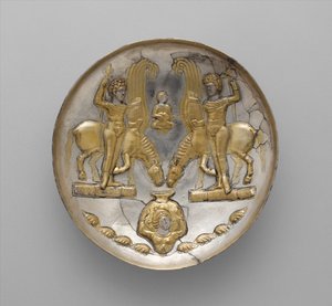 Plate with youths and winged horses, c.5th-6th century A.D (silver, mercury gilding)