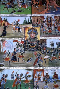 En dukketeater-dekor ved navn Puppi, som tilhører en siciliansk tradisjon som dateres tilbake til antikken og har som mål å fortelle historien om invasjoner og normanniske erobringer. Palermo, Sicilia, Italia.