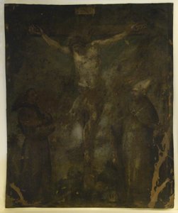 Korsfestelse (Madonna On Verso) (olje på kobber) av School Spanish
