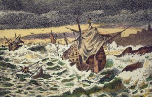 Ødeleggelse av stormer av den uovervinnelige spanske armadaen, sendt av kong Philip II mot England i 1588 (håndfarget gravering)