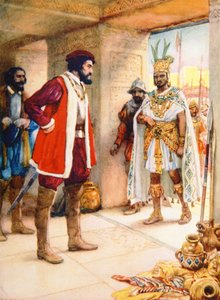 Hernan Cortes gjør Montezuma til gissel i 1519 (farge litho)
