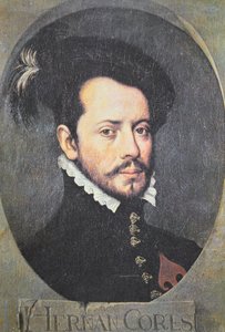 Portrett av Hernan Cortes (farge litho) av School Spanish