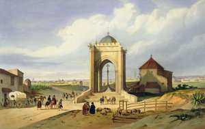 Utsikt over byen Sevilla fra Cruz del Campo (farge litho) av School Spanish