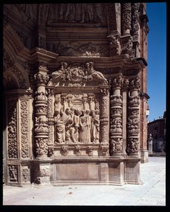 Utsikt over fasaden til katedralen St Mary, Astorga, Spania (Utsikt over fasaden til katedralen St Mary, Astorga, Spania)
