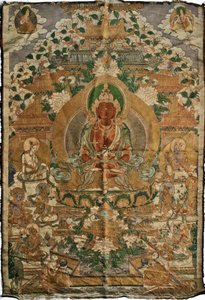 Amitabha (det rene landets buddha) - Tibetansk maleri, pigmenter og gull på stoff, slutten av 1800-tallet, 74x51 cm - (Amitayus Buddha Thangka, Tibetansk kultur, Pigmenter og gull på tekstil, Slutten av 1800-tallet) - Privat samling