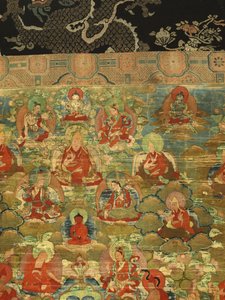 Detalj av tredje Panchen Lama Losan Penden Yeshe (gouache på tøy) av School Tibetan