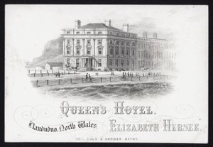 Byttekort for Queen's Hotel, Llandudno, Nord-Wales (gravering) av School Welsh