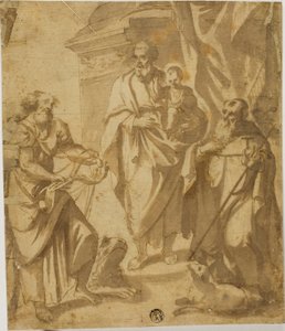 Saint Joseph and Christ Child, med de hellige Markus og Anthony av School of Guido Reni