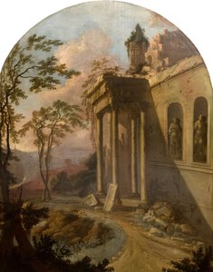 Landskap med ruin, 1725. av School of Jacques Rousseau