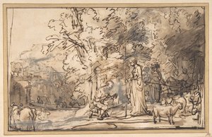 Møtet mellom Jakob og Rachel ved brønnen, 1640-49. av School of Rembrandt van Rijn