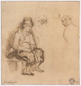 Kvinne sitter på benk og tre skisser av hoder av School of Rembrandt van Rijn