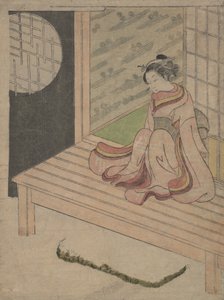 En ung kvinne som sitter på Engawa i et hus, ca. 1765., ca. 1765. av School of Suzuki Harunobu