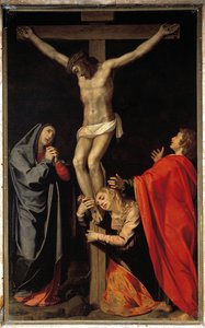Korsfestelse med jomfru, Maria Magdalena, evangelisten Johannes (olje på lerret