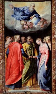 The Marriage of the Virgin Maleri av Scipione Pulzone il Gaetano (1550-1598) og Giuseppe Valeriano (1542-1606) 1584-1588 Roma, kirken Gesu, kapellet til Madonna della Strada