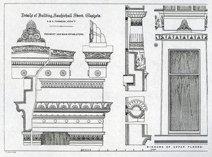 Arkitektoniske detaljer om Grecian Chambers, 336-356 Sauchiehall Street, Glasgow, designet av Alexander Greek Thomson, 1869 av Scottish School