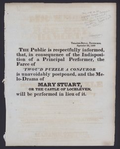 Melding om endring av den fakturerte forestillingen på Theatre Royal, Edinburgh, 30. september 1829 (litho) av Scottish School