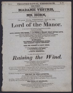 Teaterprogram for Theatre Royal, Edinburgh, 20. august 1823 (litho) av Scottish School