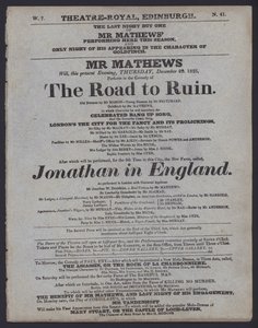 Teaterprogram for Theatre Royal, Edinburgh, 29. desember 1825 (litho) av Scottish School