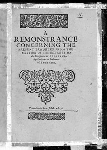 Tittelside for en remonstranse om de nåværende problemene fra møtet mellom eiendommene til Kingdome of Scotland, utgitt 1640 (trykt papir) av Scottish School