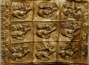 Art Scythian (Scythian sivilisasjon eller Scythia): dekke av gullkogger dekorerer dyr (hjort). Fra Tumulus n°4 i Kelermes, Krasnodar-regionen, Kuban, Russland, 700-tallet f.Kr. av Scythian