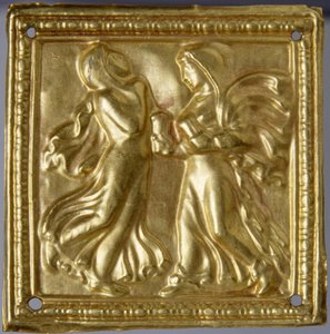 Art des steppes - skytisk kunst : Firkantet plakett med dansere. Gull, størrelse : H 4,7, 4. århundre f.Kr., State Hermitage, St. Petersburg av Scythian