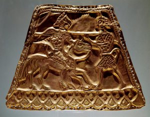 Gyldent ark som viser en rytter som angriper en kriger med et spyd (skytisk kunst, 5.-3. århundre f.Kr.) av Scythian
