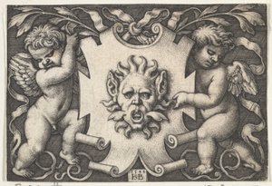 A Mask on a Escutcheon Supported by Two Genii, 1544. av Sebald Beham