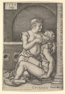 Cimon satt mot en søyle til høyre, og die fra Pero som kneler ved siden av ham, 1544.